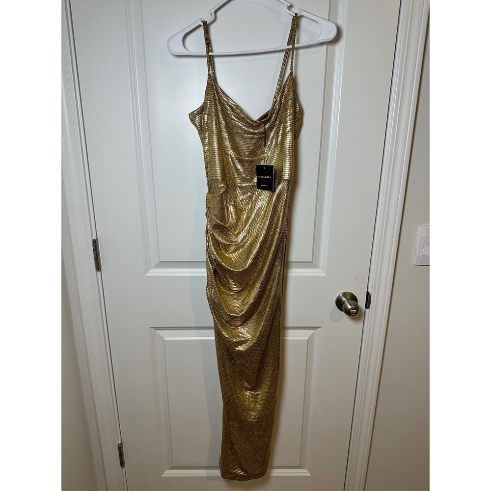 JLUXLABEL Gold Metallic Cowl Neck Draped Gown